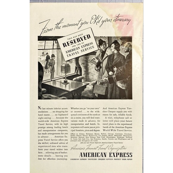 American Express Travelers Cheques "Always protect your funds" Vtg Print Ad 1937 - Picture 1 of 3